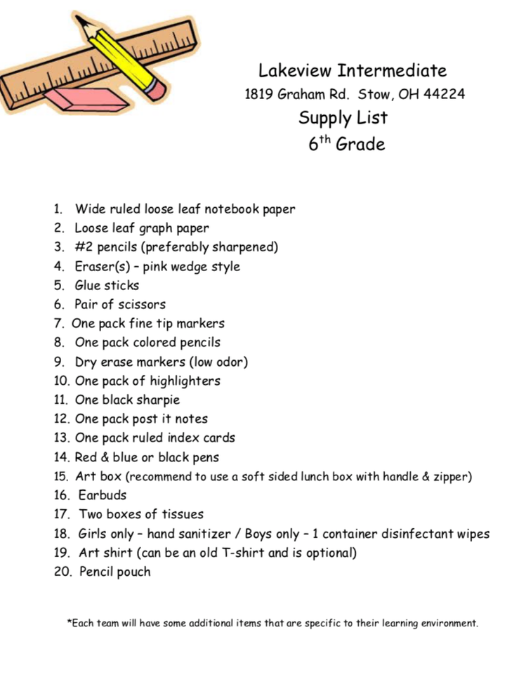 6th grade school supplies list for knox gifted academy